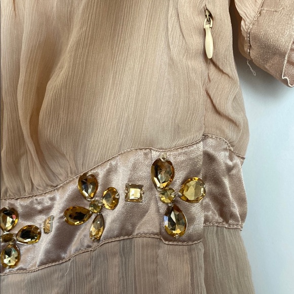 Tan Champagne Puff Sleeve Embellished Babydoll Top Dress - Picture 6 of 7